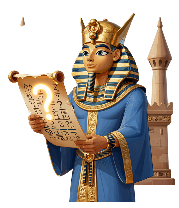 Pharao Maskottchen mit Fragen-Schriftrolle - Realz Casino FAQ Hilfe-Center