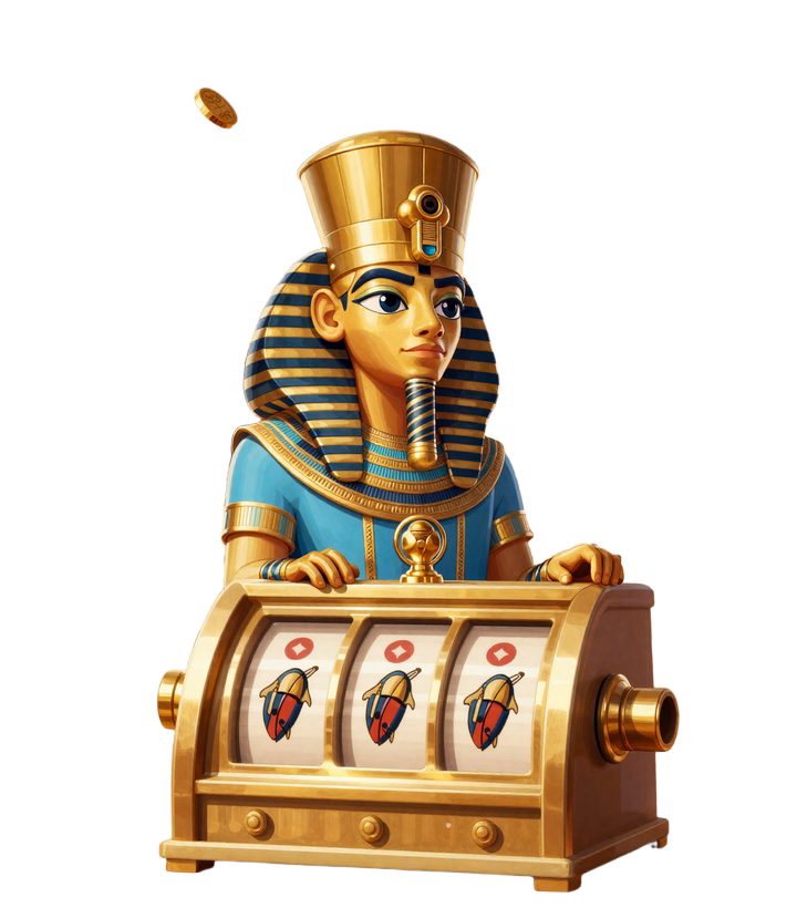 Pharao Maskottchen an goldenen Slot-Walzen vor Pyramiden - Realz Casino Spielebibliothek