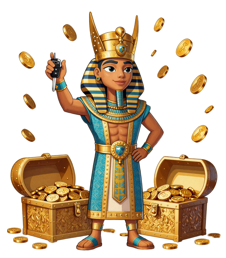 Pharao Maskottchen mit goldener Krone h&auml;lt Lamborghini Urus Schl&uuml;ssel und Schatzkiste - Realz Casino Maskottchen