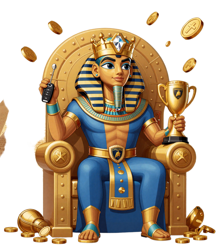Pharao auf goldenem Thron mit Lamborghini Urus Schl&uuml;sseln und VIP-Troph&auml;e - Realz Casino VIP-Programm